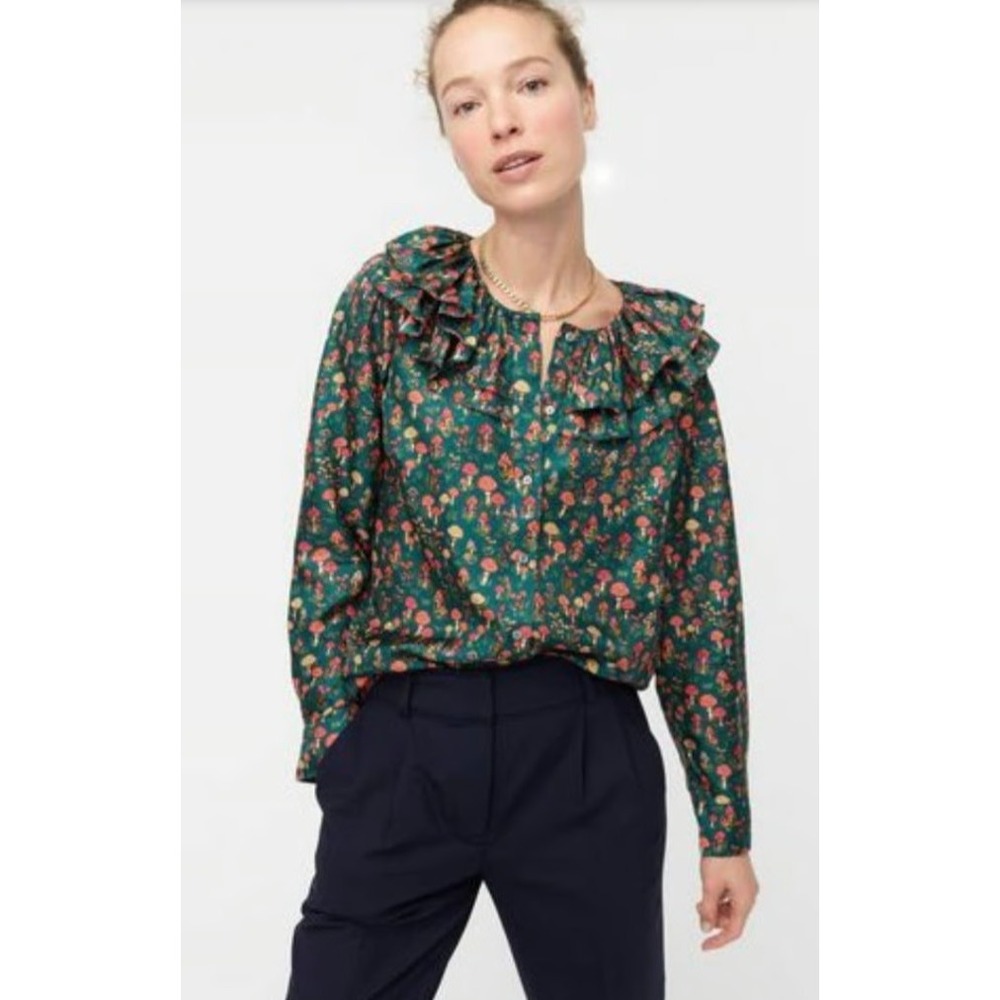 J.Crew Collection Shirt Size XL Green Mushroom Silk Long Sleeve Blouse Ruffle